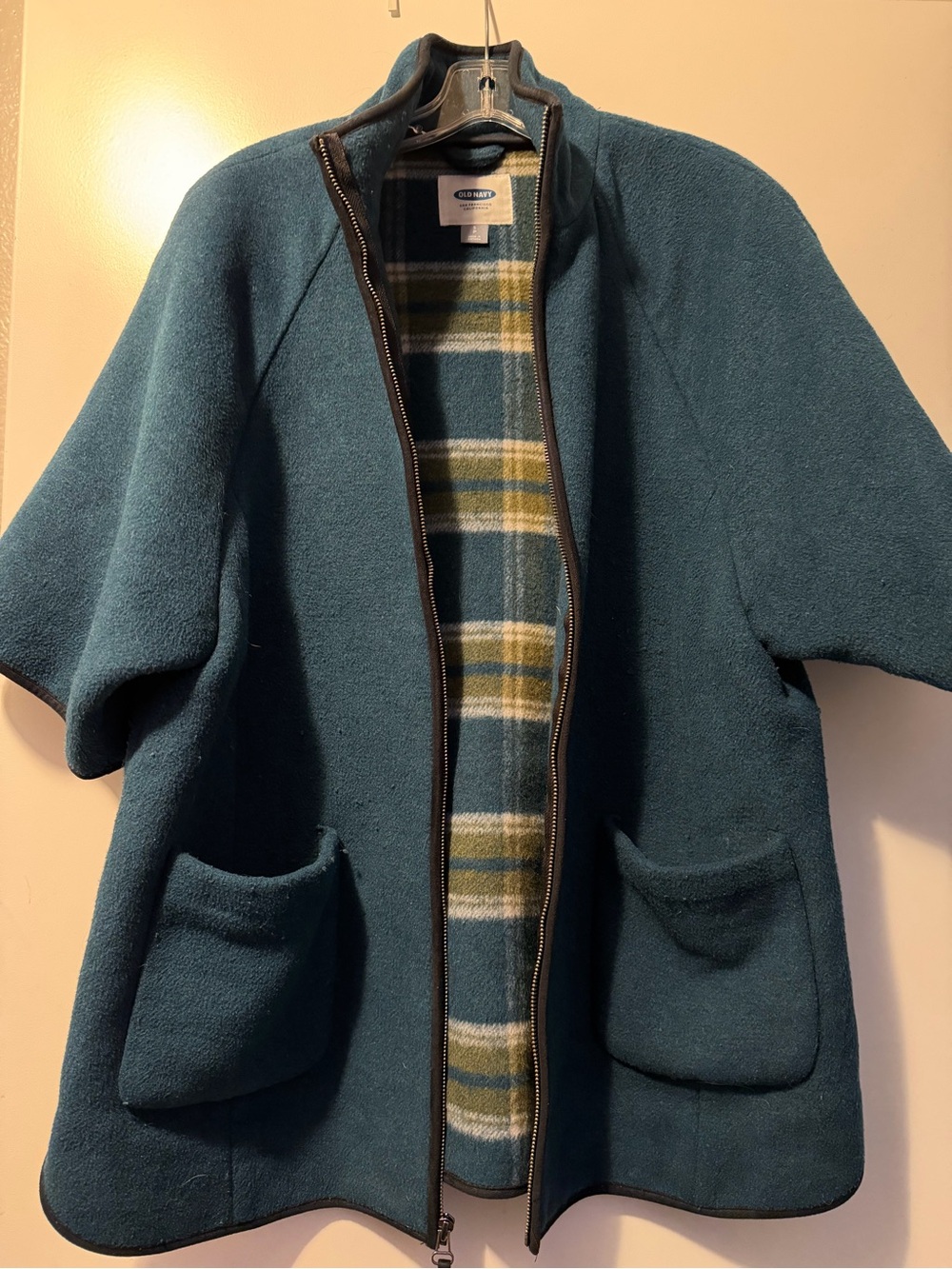 Old Navy Teal Fleece Cape Coat with Plaid Lining